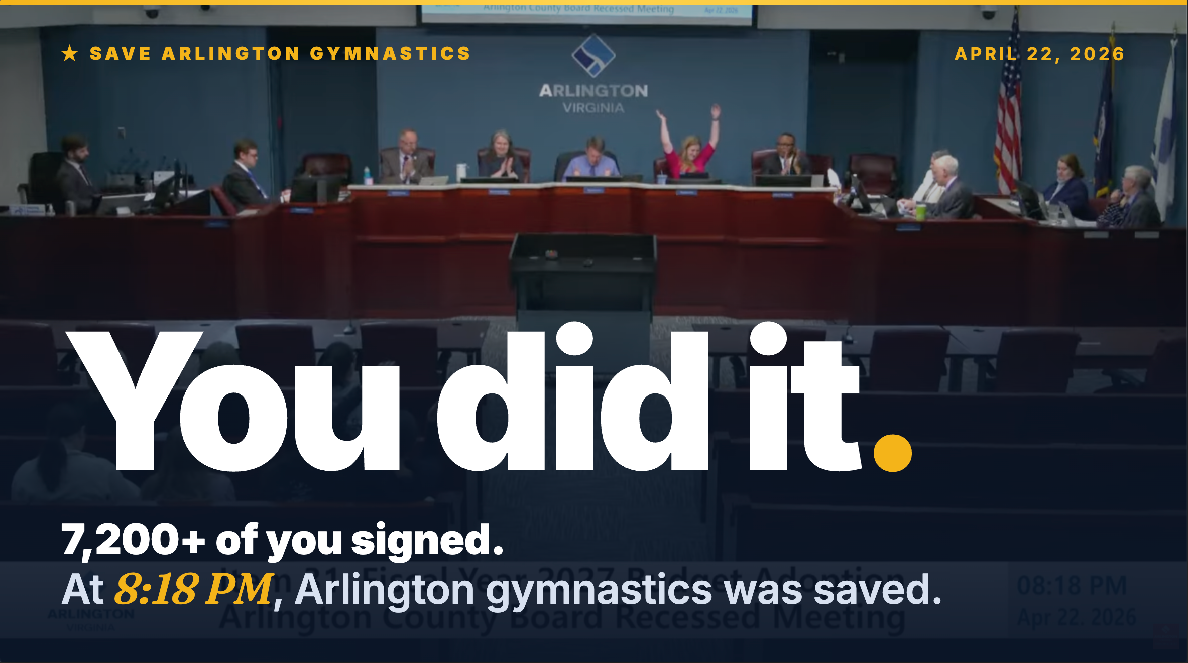 Arlington County Board members standing and applauding the moment the FY27 budget passed, saving Barcroft gymnastics. Caption reads: You did it.