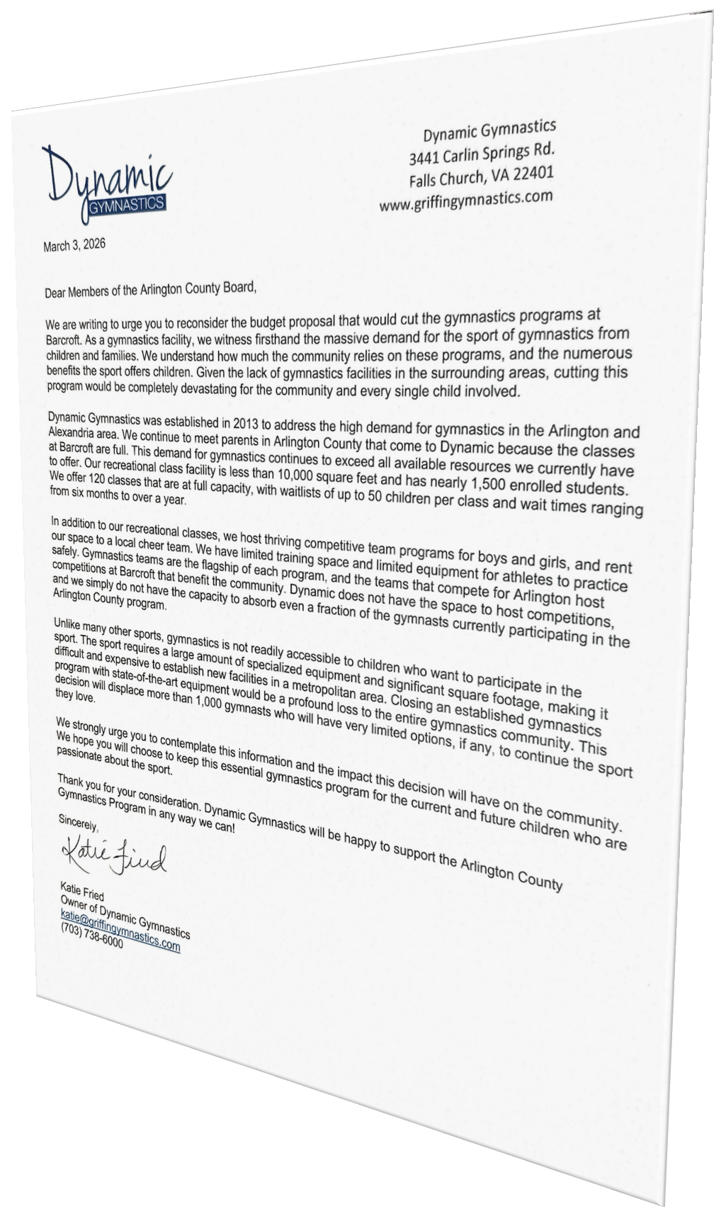 Dynamic Gymnastics Letter to Arlington County Board