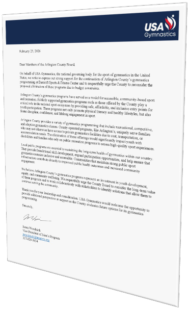 USA Gymnastics Letter to Arlington County Board